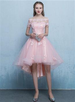 Picture of Pink Off Shoulder Tulle High Low Homecoming Dress, Short Pink Prom Dresses